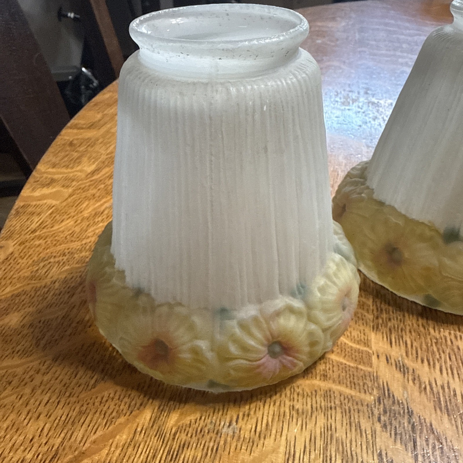 Antique Set 3 Reverse Painted Glass 4 5/8" Shades Yellow Flowers 2-1/4" Fitter