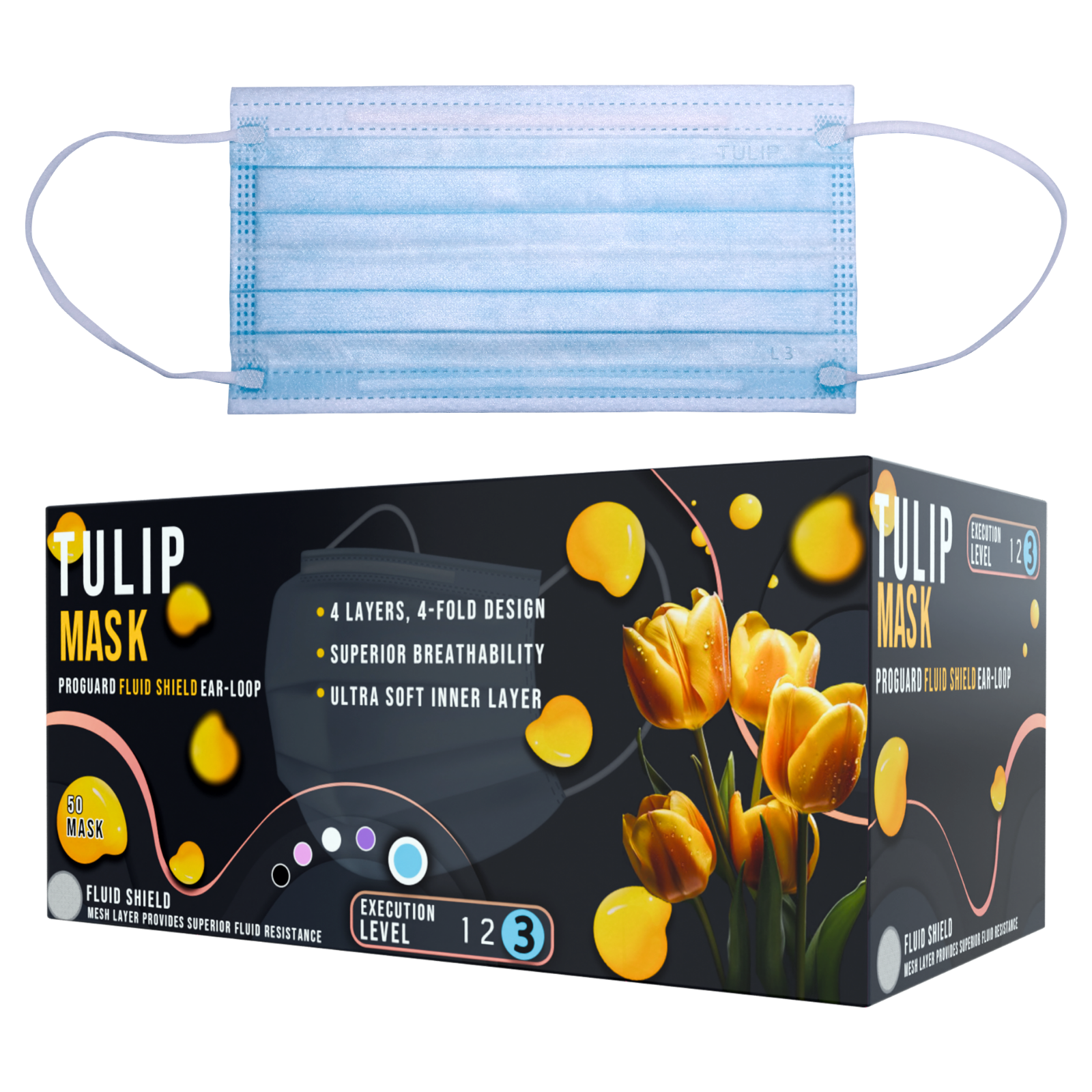 50 Blue ASTM Level 3 Face Masks 4-Ply, Disposable Surgical Medical Shield Tulip