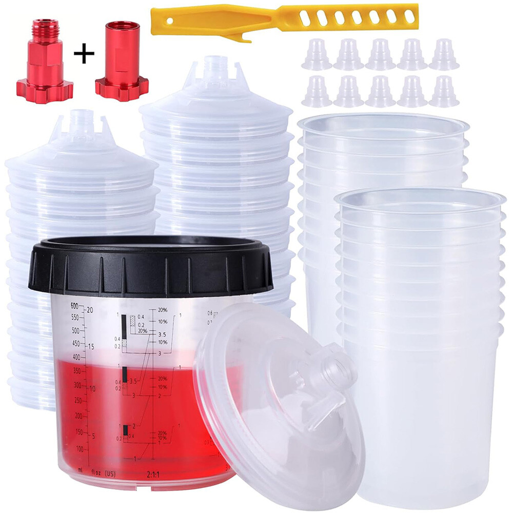 50pcs PPS CUPS Disposable Paint Spray Gun Cup Liners and Lid System 600ML 20oz