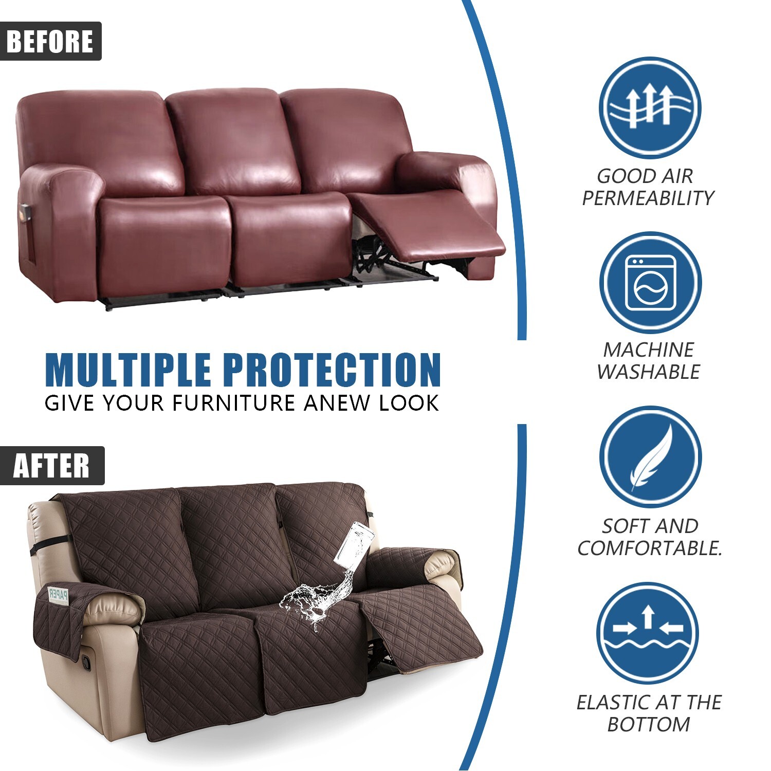 Waterproof non-slip sofa cover recliner 3 seats, furniture protection decoration