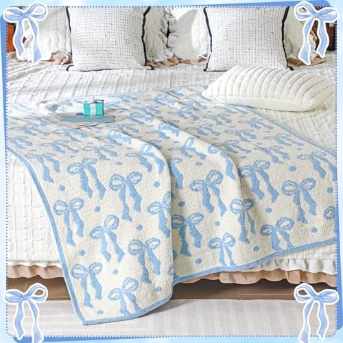 Bow Blanket Winter Soft Microfiber Bow Throw Blanket Double Sided Blue