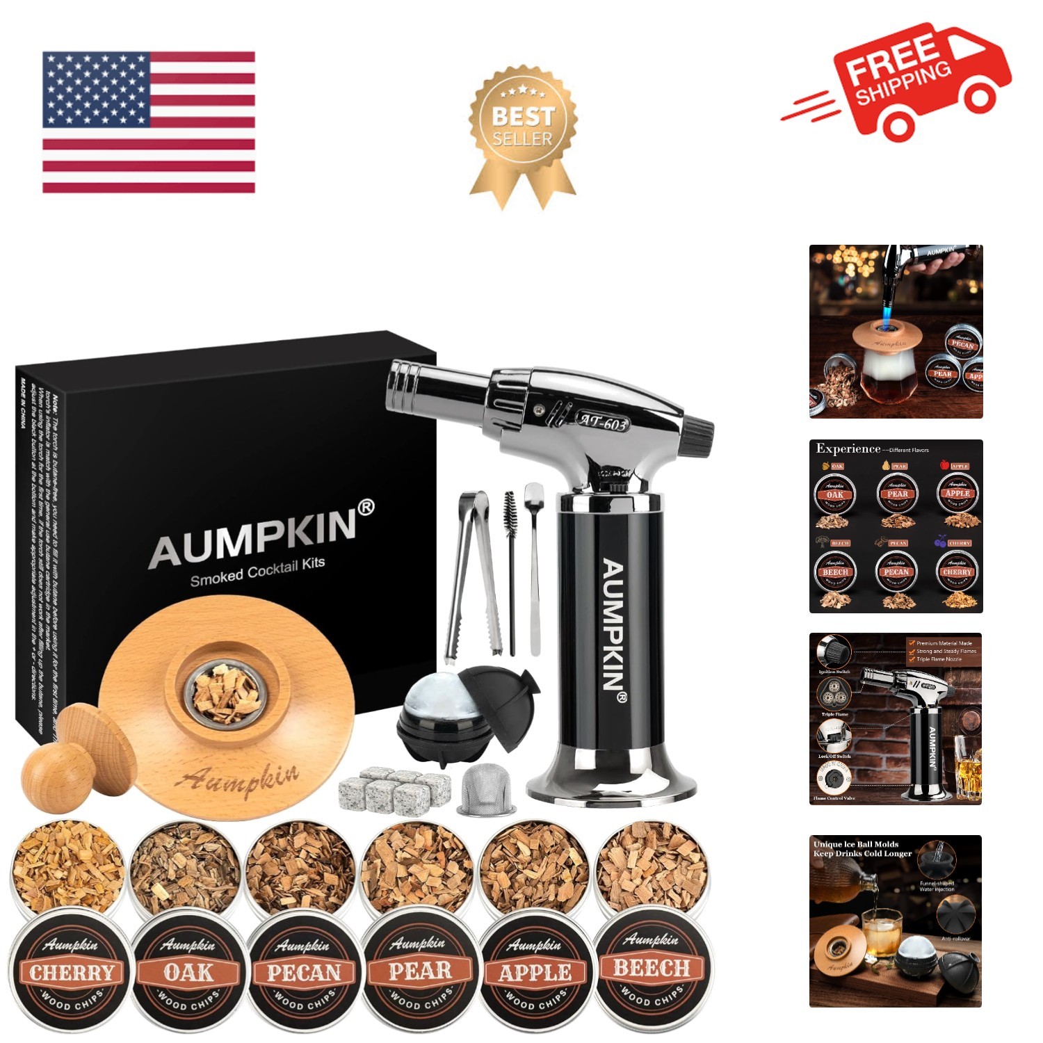 Cocktail Smoker Kit with Torch – 6 Flavors Wood Chips – Bourbon, Whiskey Smok...