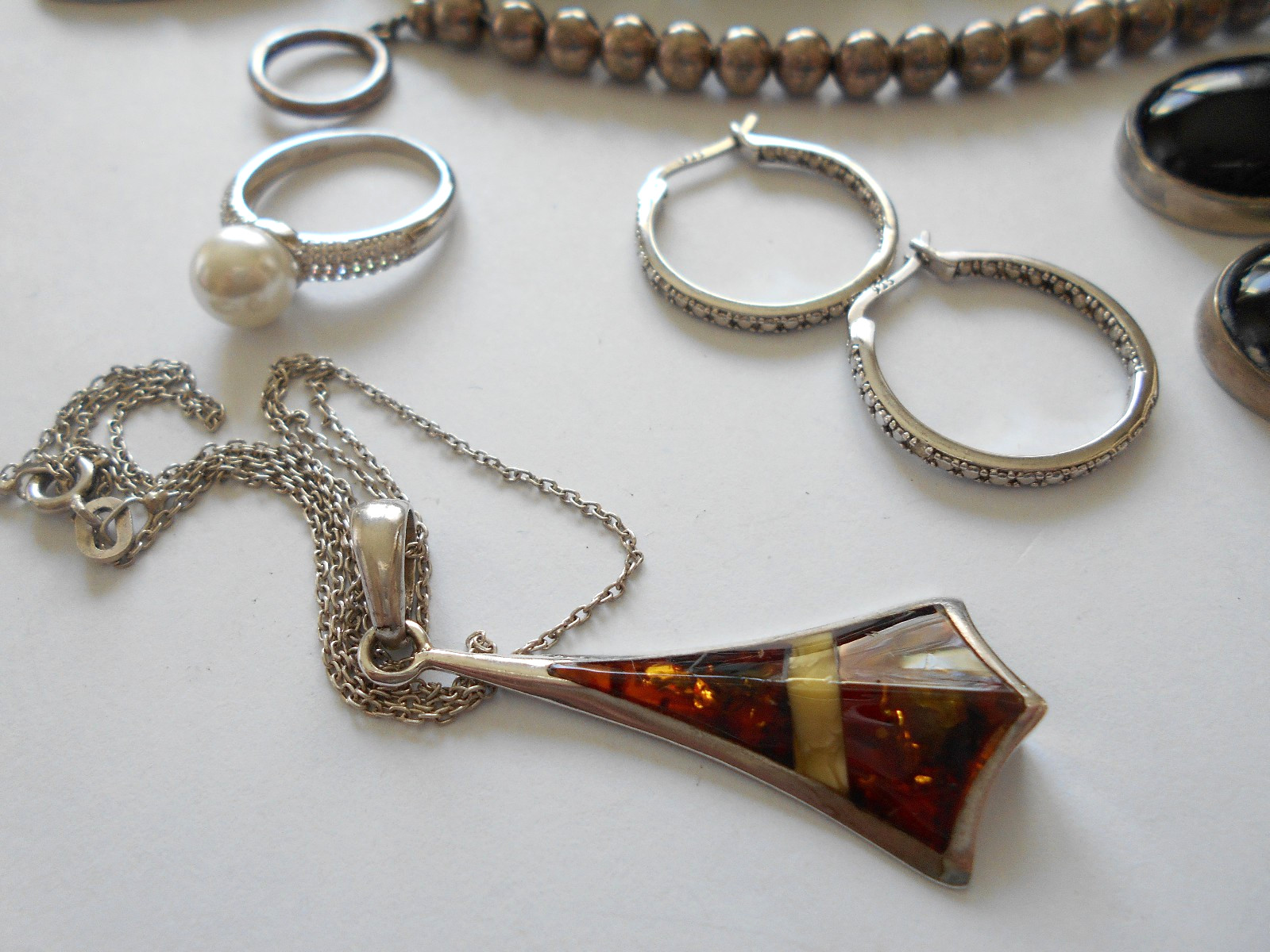 Lot of 7 Pieces Sterling Silver Onyx Amber Jewelry Lot #6 194 Grams