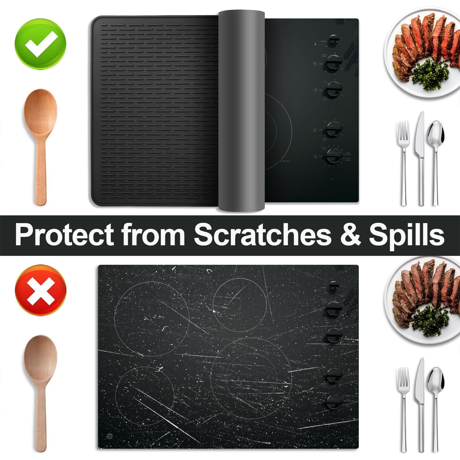 Stove Top Cover 28x20 Silicone Mat - Electric Range Cover XXL Drying Mat Black..