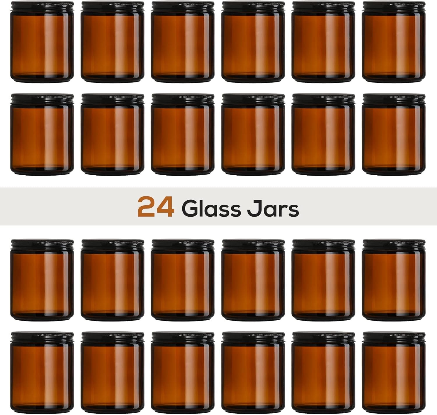 24 Pack, 8 OZ Thick Amber round Glass Jars with Black Metal Lids - Empty Candle