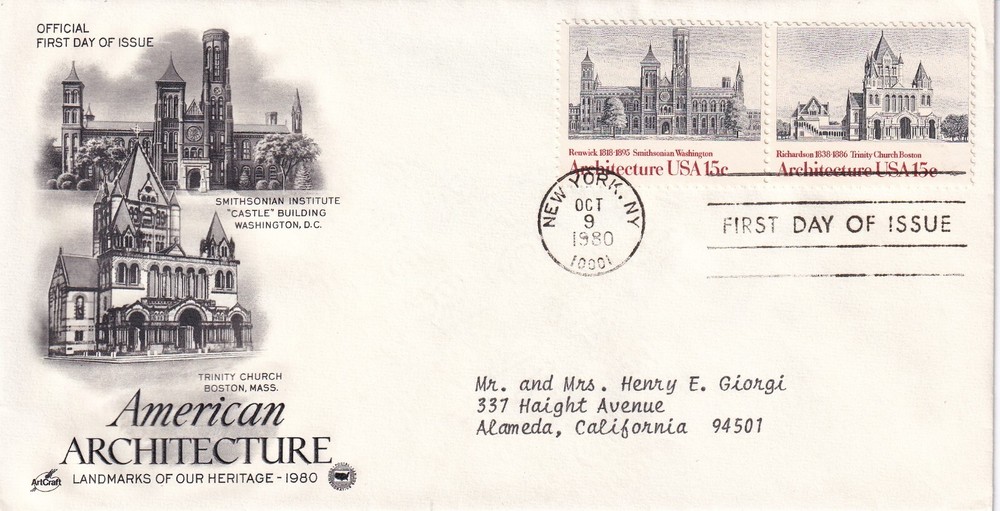 STAMP SCOTT 1838, 1839 "Smithsonian" "Architecture" 15 CENT 1980 FDC - N