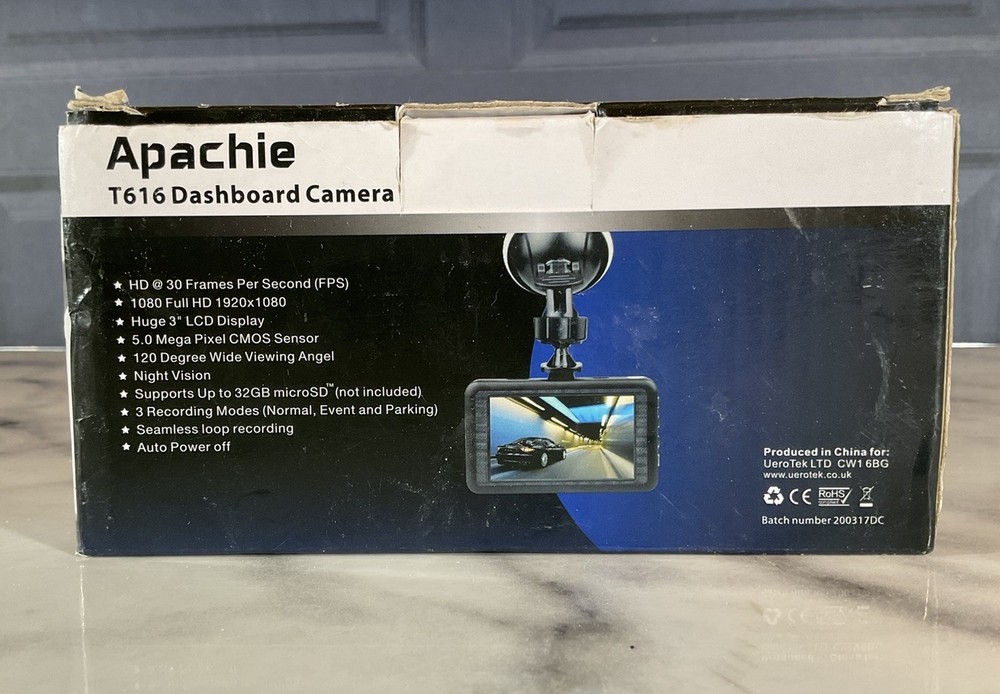 Apache T616 Dashboard Camera with cable and mount