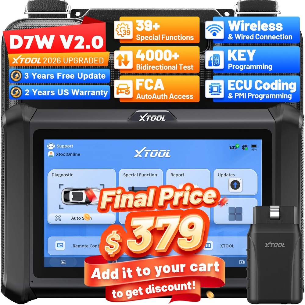 XTOOL D7W V2.0 Wireless Bidirectional OBD2 Diagnostic Scanner Key Programmer FCA