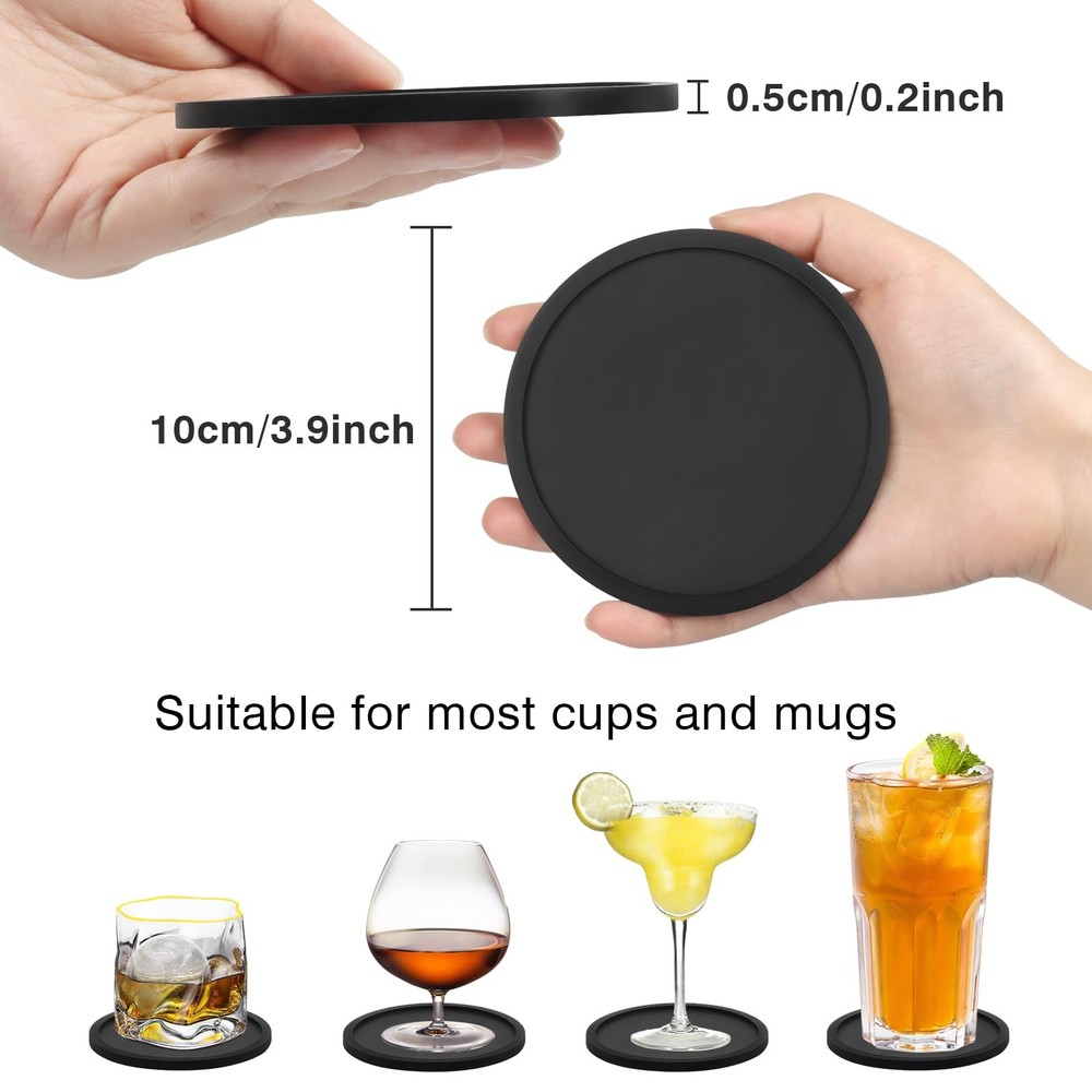 2 Pack Silicone Coasters for Drinks, Round Black 2pack- Coaster