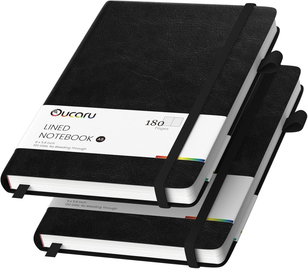 Oucaru Lined Journal Notebook, 2 Pack, 180 Pages, 2 Black &