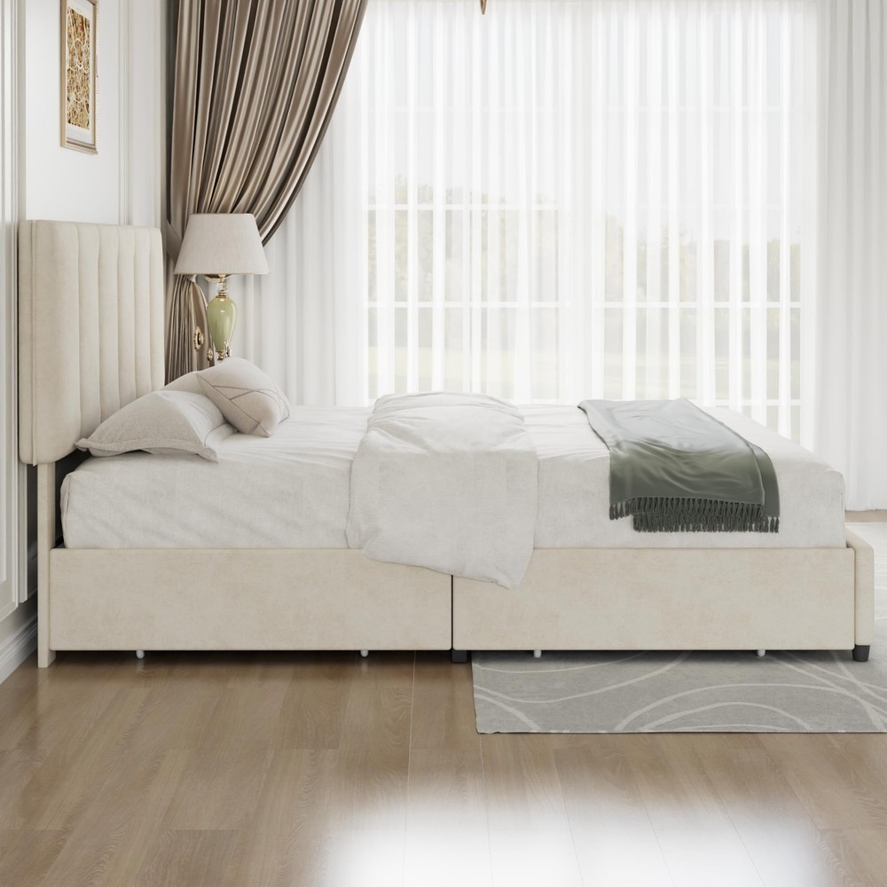 Queen Size Bed Frame with 4 Storage Drawers, Adjustable Height Headboard, Hea...