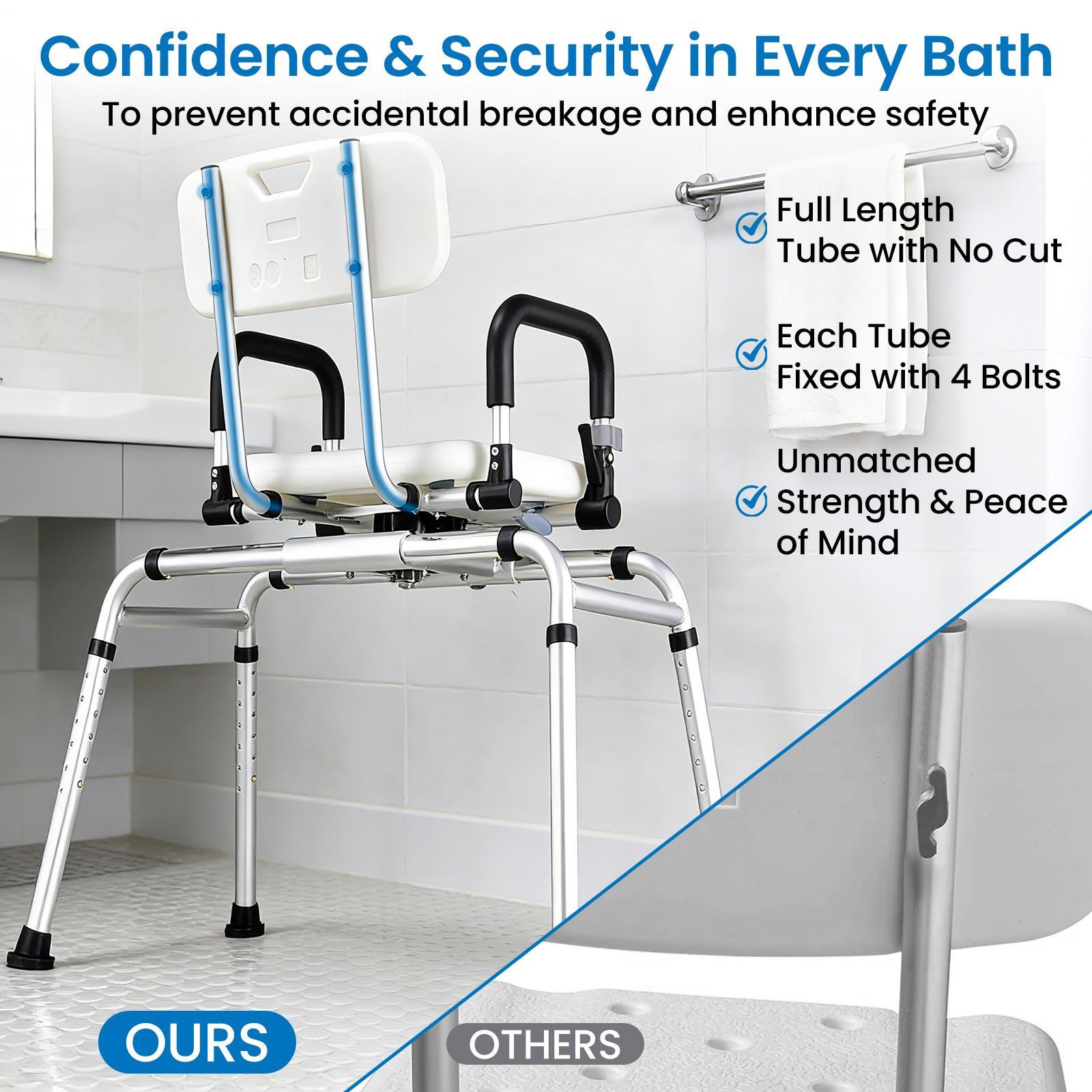 Sliding Tub Transfer Bench Shower Chair with 360° Swivel Seat