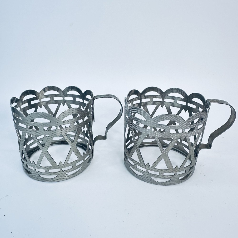 Vintage Pair Podstakannik Tea Glass Holders — Silver-Plated Openwork Cup Holders