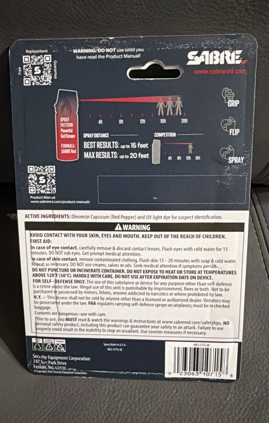 SABRE CROSSFIRE PEPPER GEL W/Clip 360 Degree 18 BURSTS 18 FT UV Dye EXP 12/2028