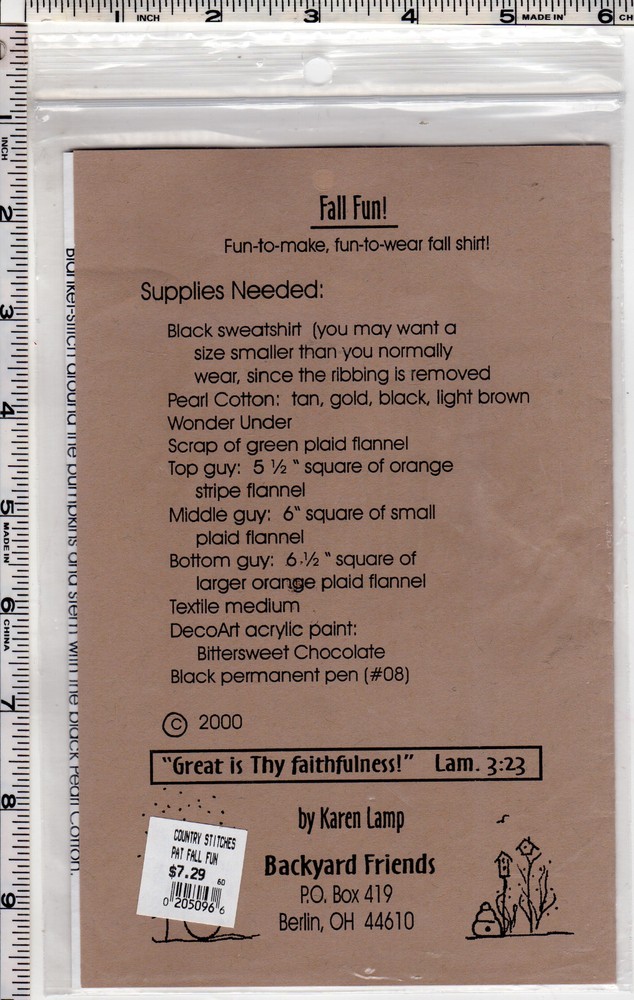 "Fall Fun" ©2000 Backyard Friends Applique Sewing Pattern # 163 Stacked Pumpkins