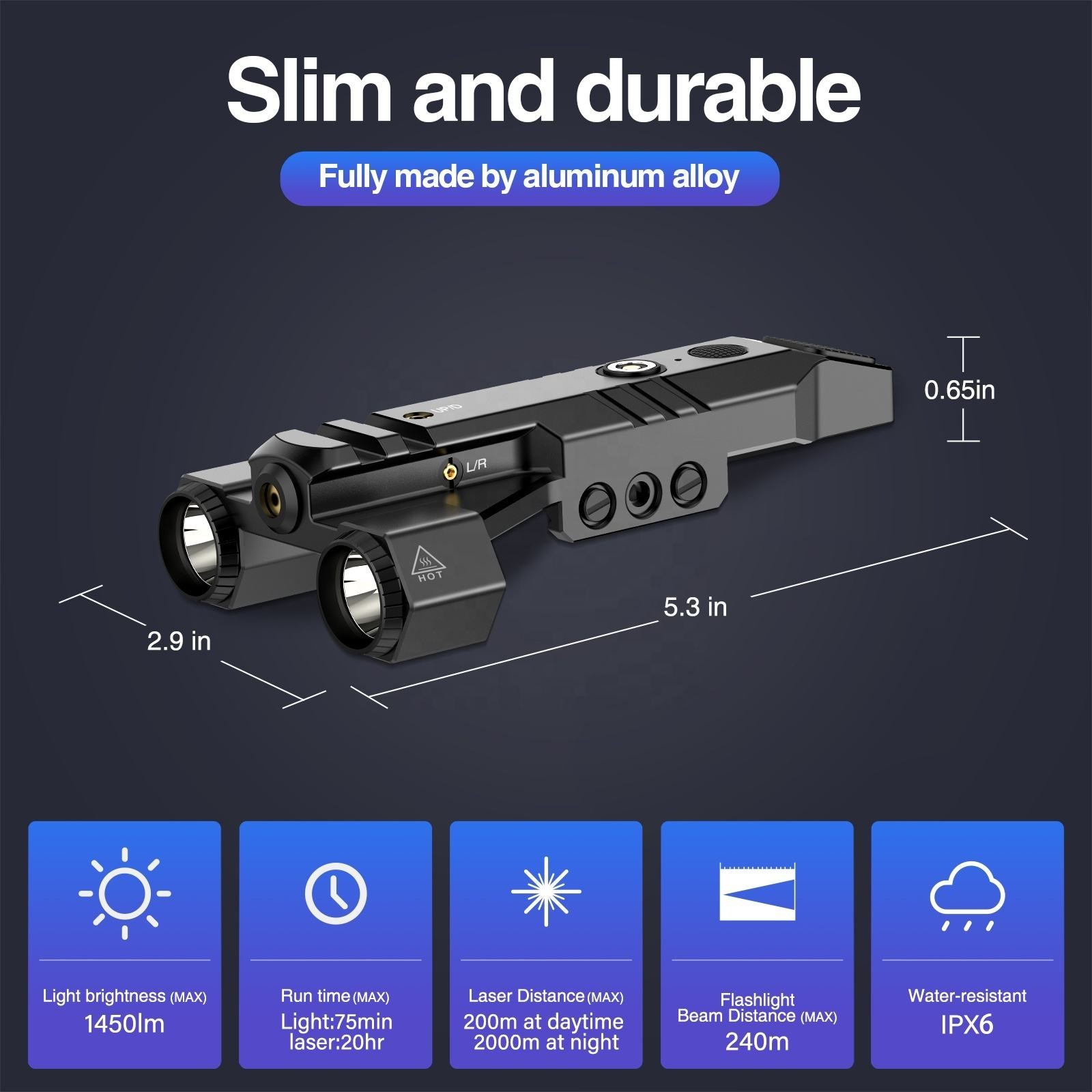1450 Lumen Tactical Flashlight with Green Laser Beam Combo Low Profile Design