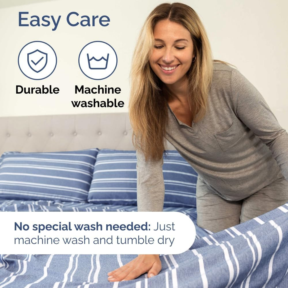 Queen 4-Piece Blue Stripes Sheet Set & 2" Memory Foam Topper