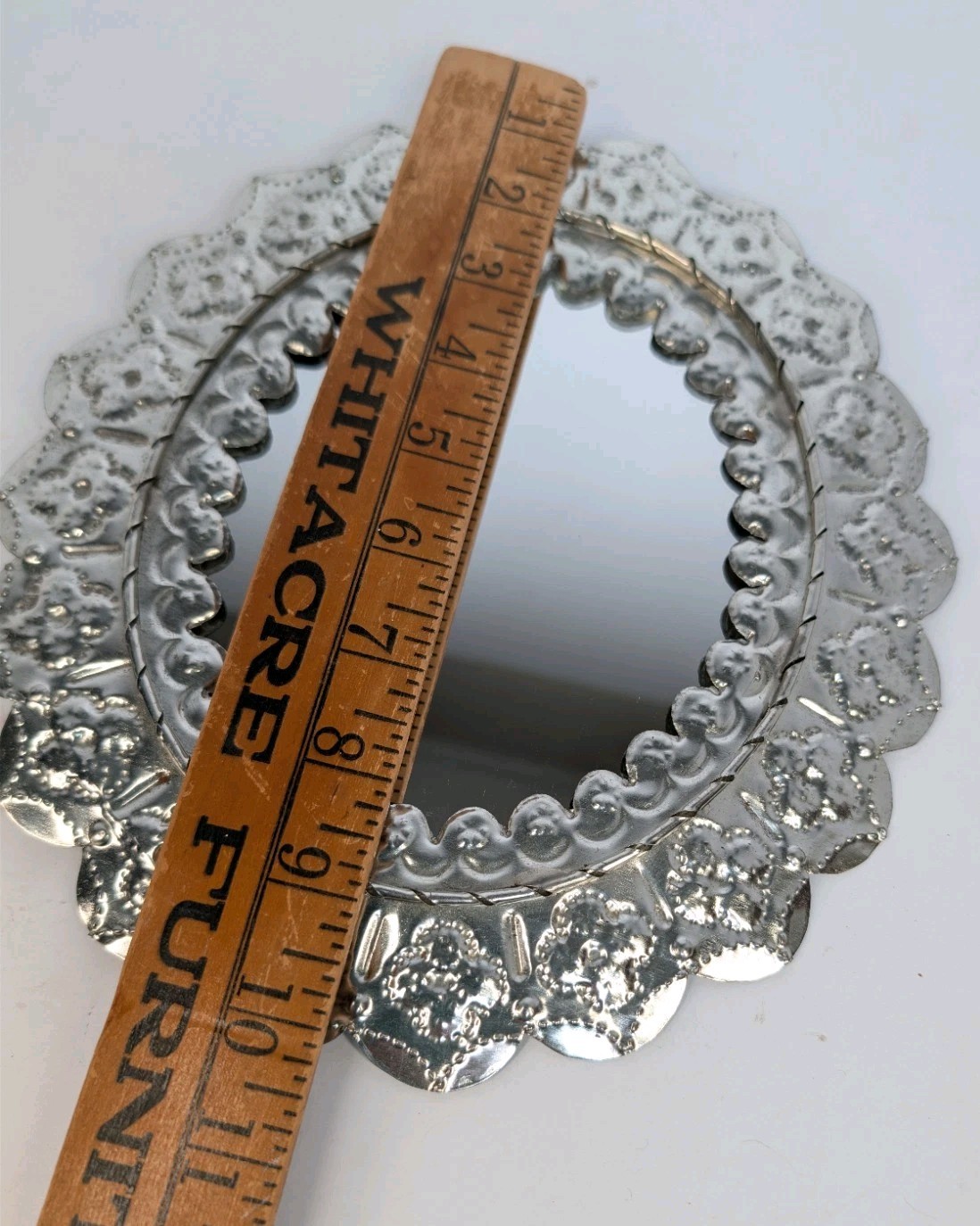 Ornate Vintage Mexican Folk Art Punched Tin Oval Mirror Wall Hanging