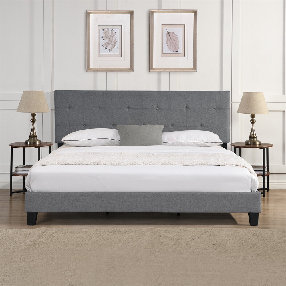 King Size Bed Frame Upholstered Platform Bed Frame w/ Upholstered Headboard New