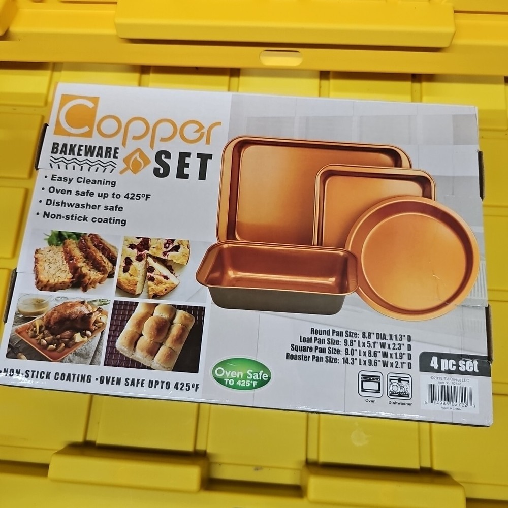 4 Pc Copper Bakeware Set  Dishwasher Safe Round  Loaf  Square  Roaster Pan   NEW