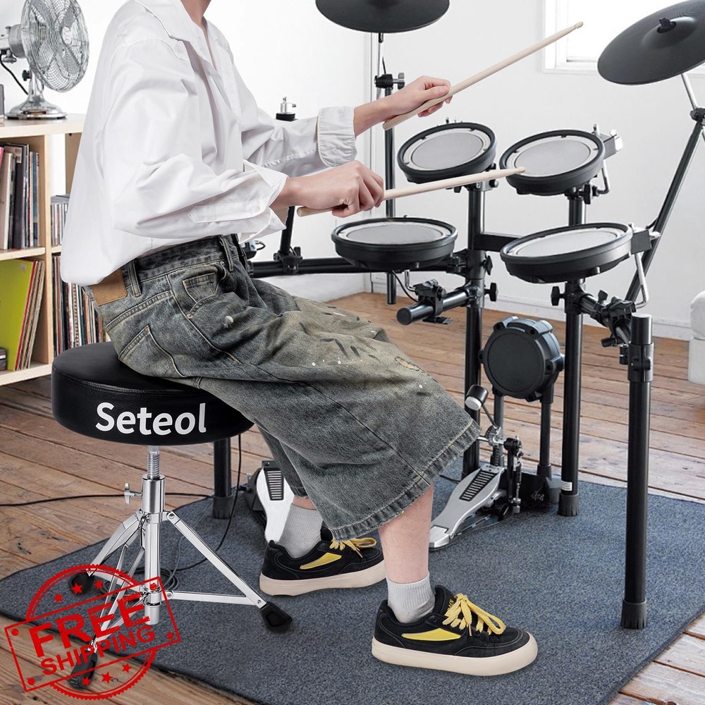Seteol Adjustable Drum Throne Seat Stool with 2 Pair 5A Sticks