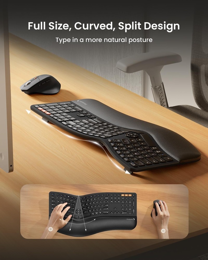 ProtoArc Ergonomic Wireless Keyboard Mouse, EKM01 Plus Full Size Ergo Bluetooth