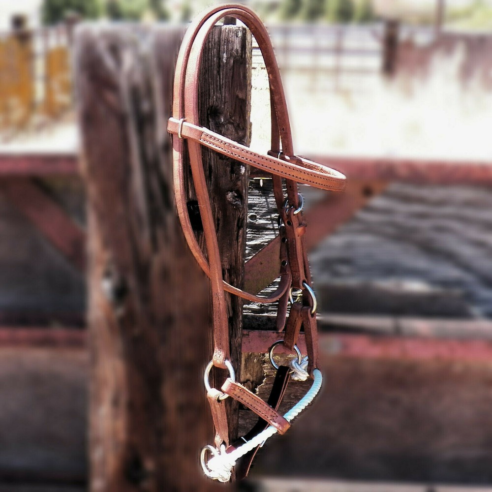 Cowboy Corner USA Made Harness Leather Rope Noseband Sidepull Hackamore Bitless