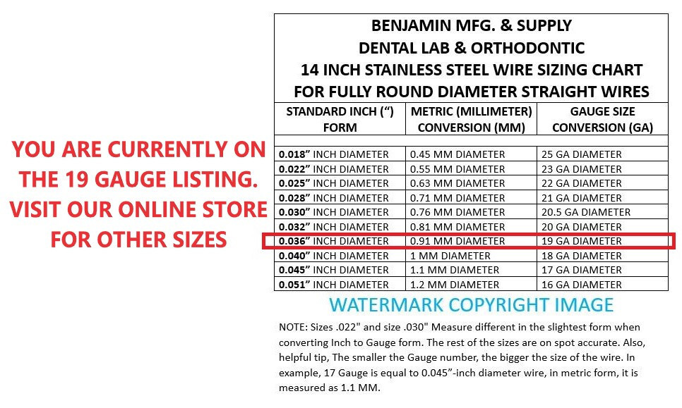 14 inch FULL ROUND Dental Stainless Steel Clasp Wire - 19 (GA) Gauge -100 Pieces