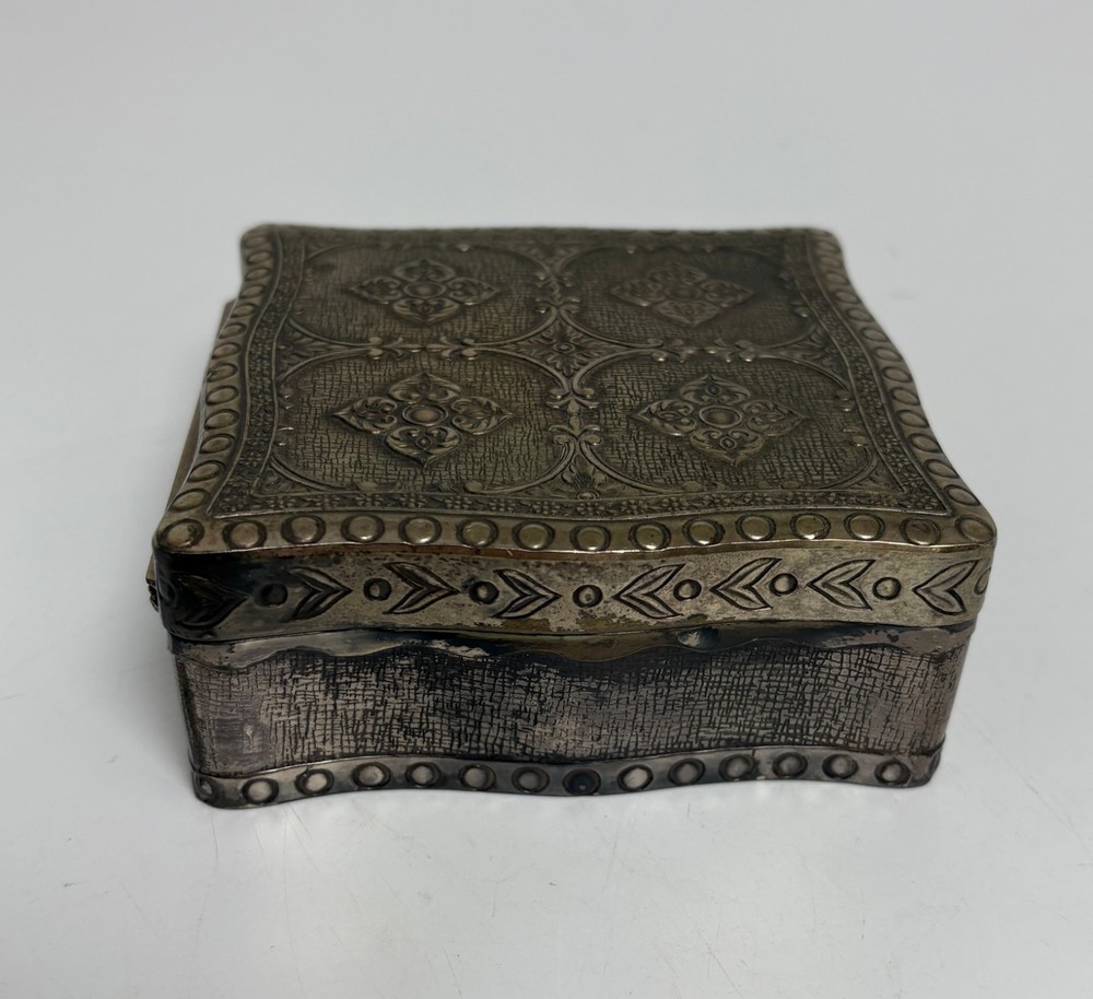 Silver Plated Jewelry Trinket Box Ornate Etched Red Velvet Lined