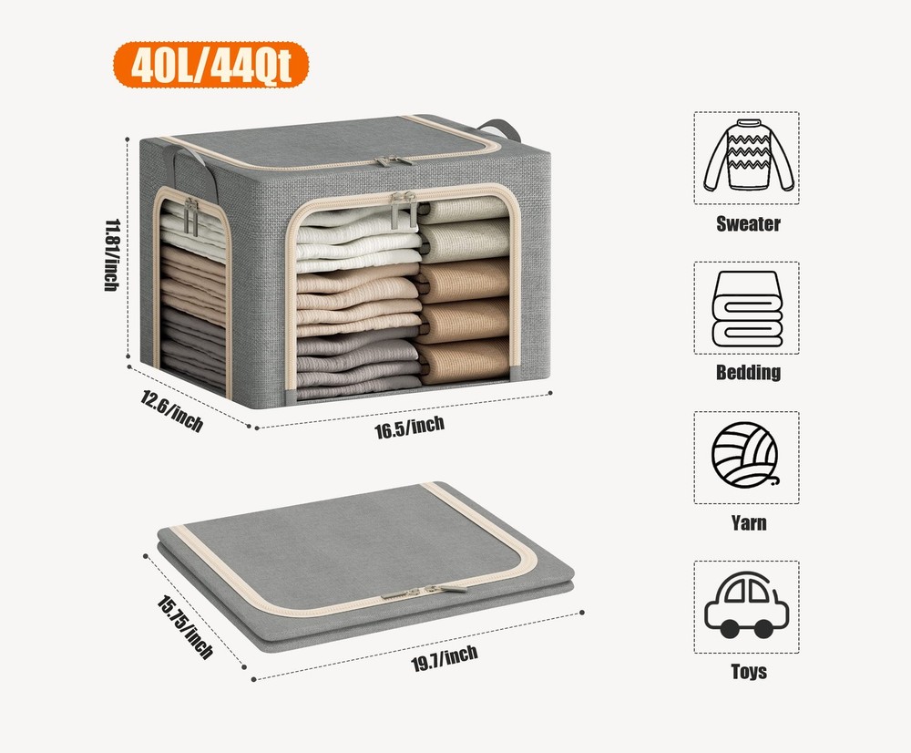 3 Openings Clothes Storage Bins with Metal Frame, Foldable Storage Bin for Cl...