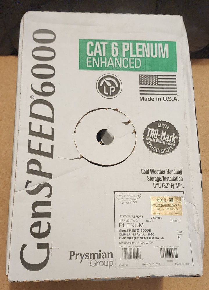 General Cable GenSPEED 6000 Enhanced Cat 6 CMP-LP, Plenum, Blue, 786’ remaining