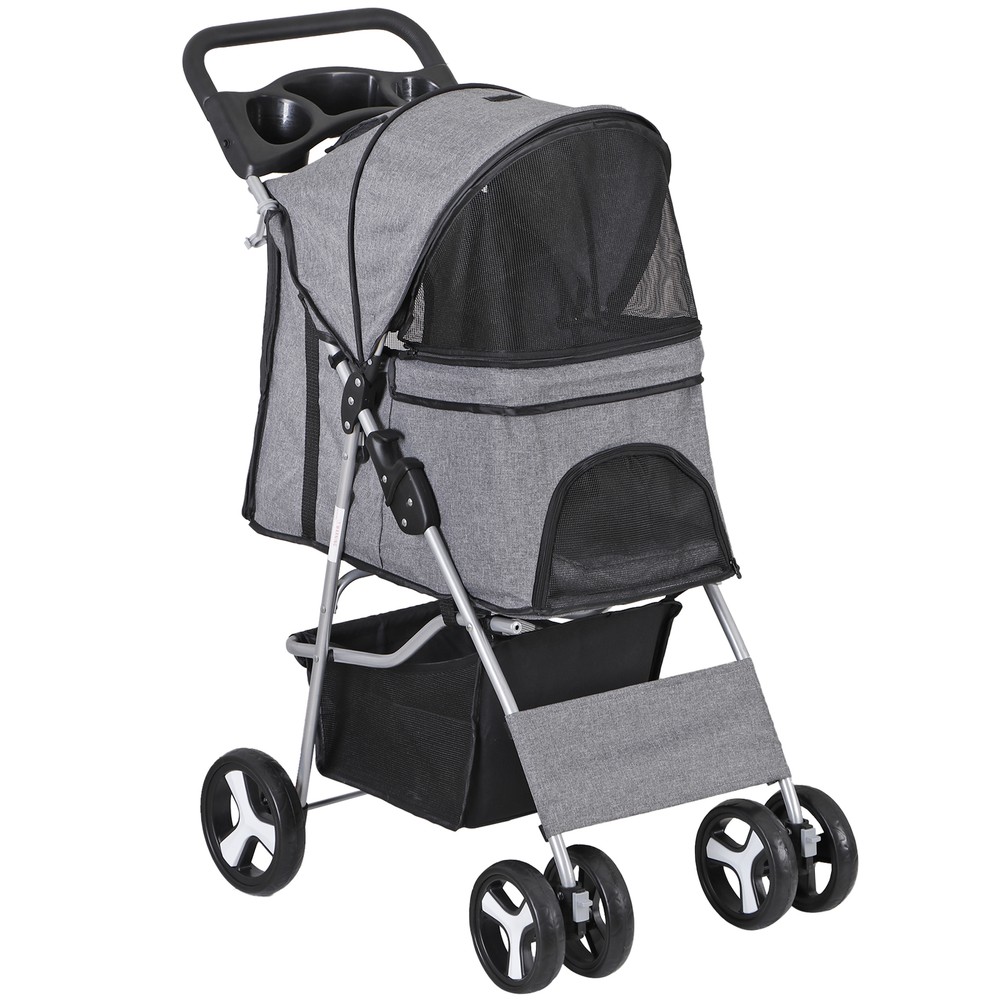 Pet Stroller 4 Wheels Cat Dog Stroller with Cup Holder, Breathable Mesh Grey