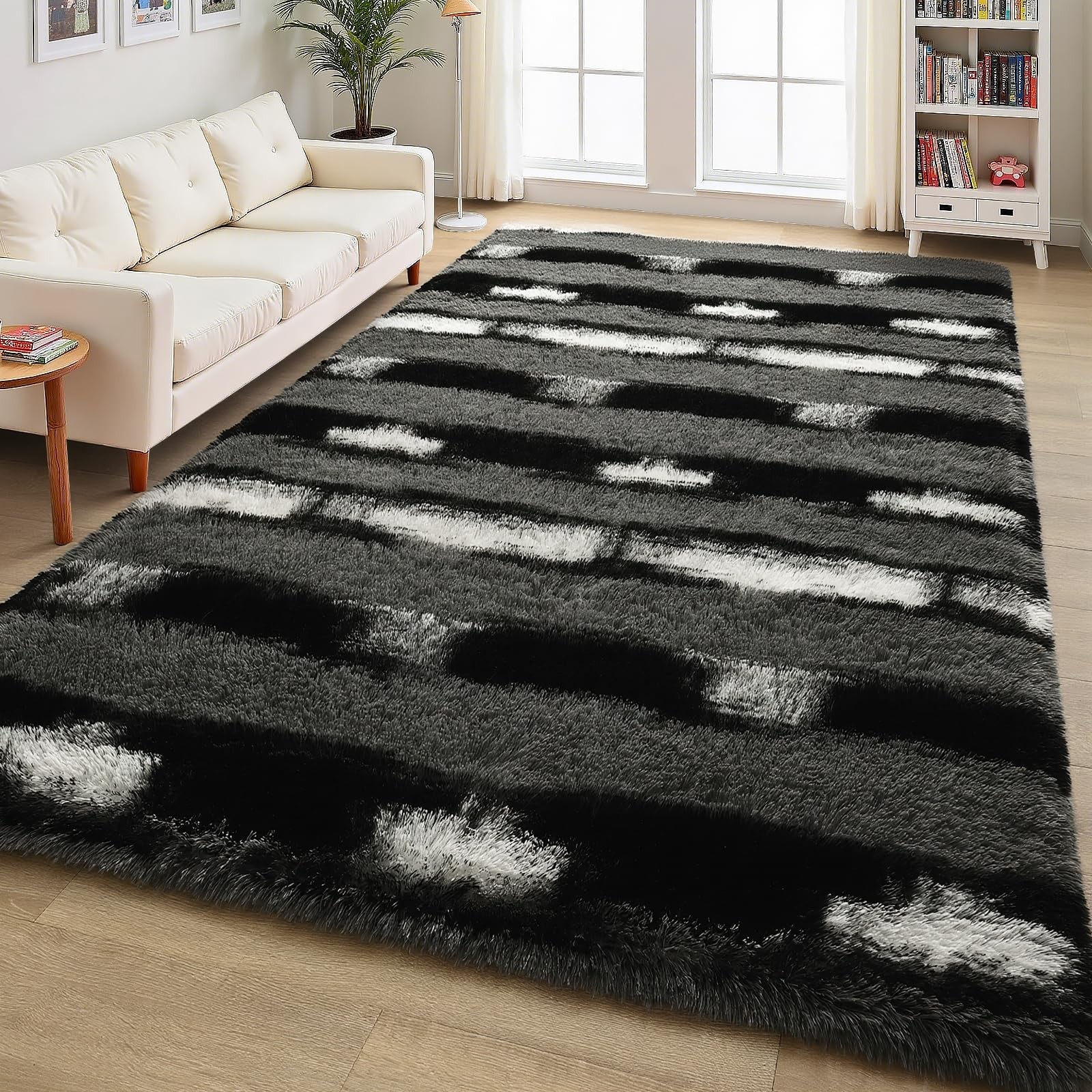 Fluffy Area Rugs for Bedroom Living Room, 4x6 Black and Grey Soft Plush Strip...