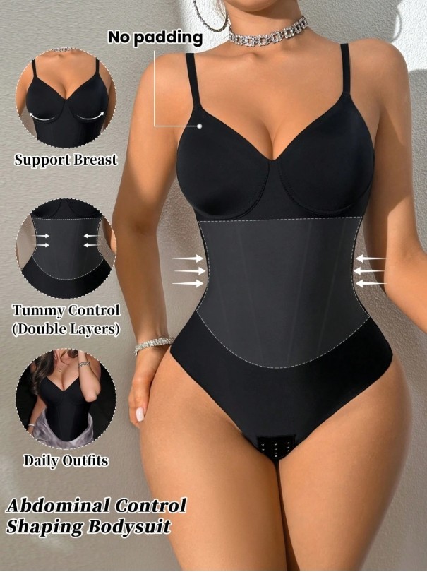 Seamless Double Layer Compression Waist Shaping Bodysuit Black