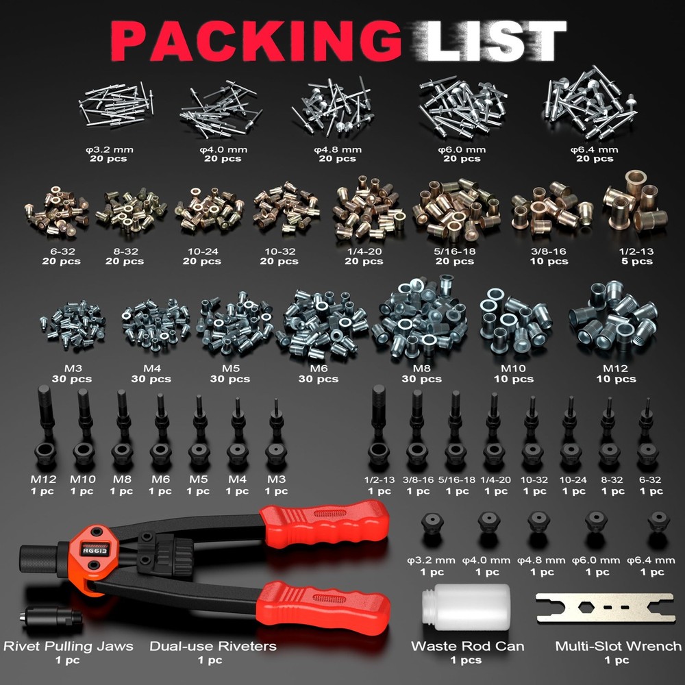 Dual-Function Rivet Nut Tool Including 405 pcs Nuts Blind 15 Mandrels 5 Nozzles