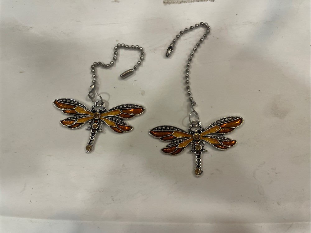 ANTIQUE SILVER ORANGE DRAGONFLY CEILING FAN LIGHT SWITCH PULL LARGE PAIR