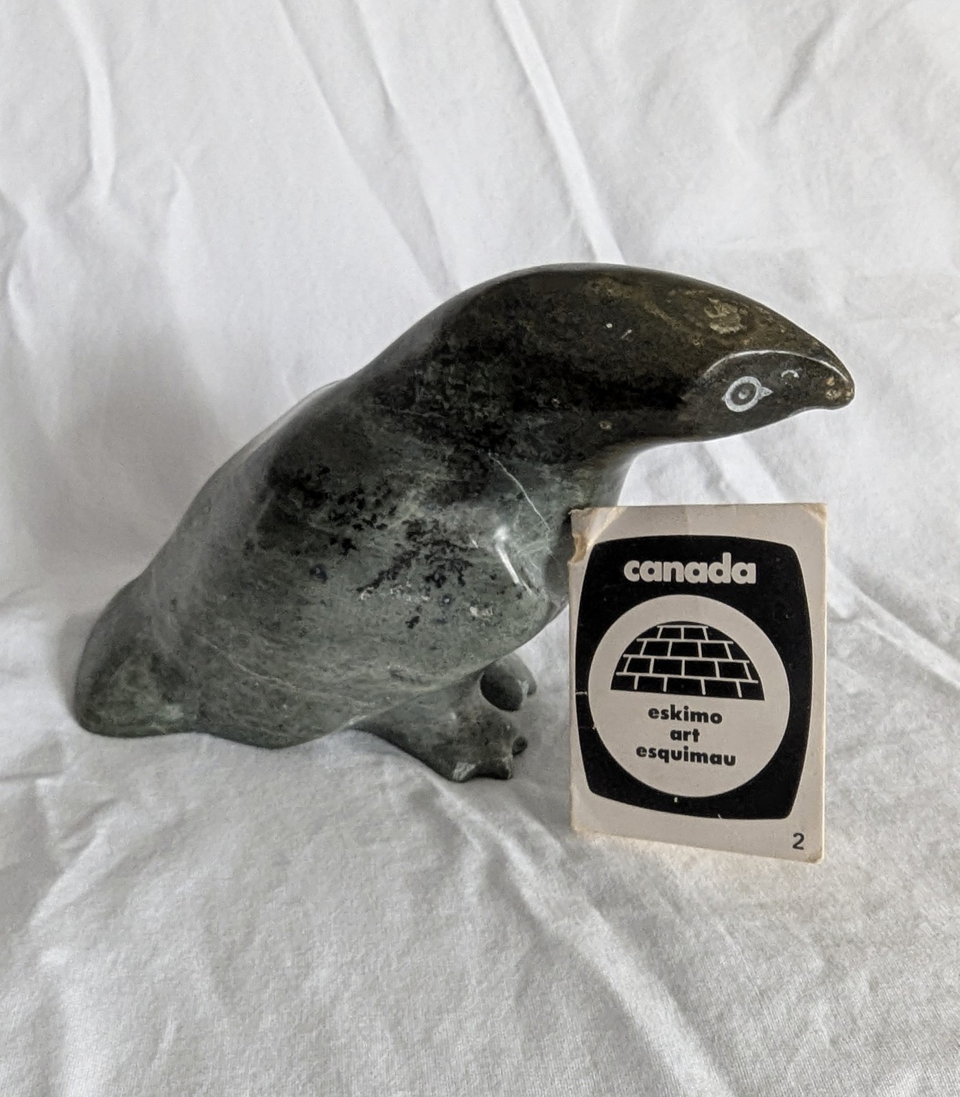 WINNIE EYAITUK Inuit Eskimo GREEN Soapstone BIRD Carving Canada 1988