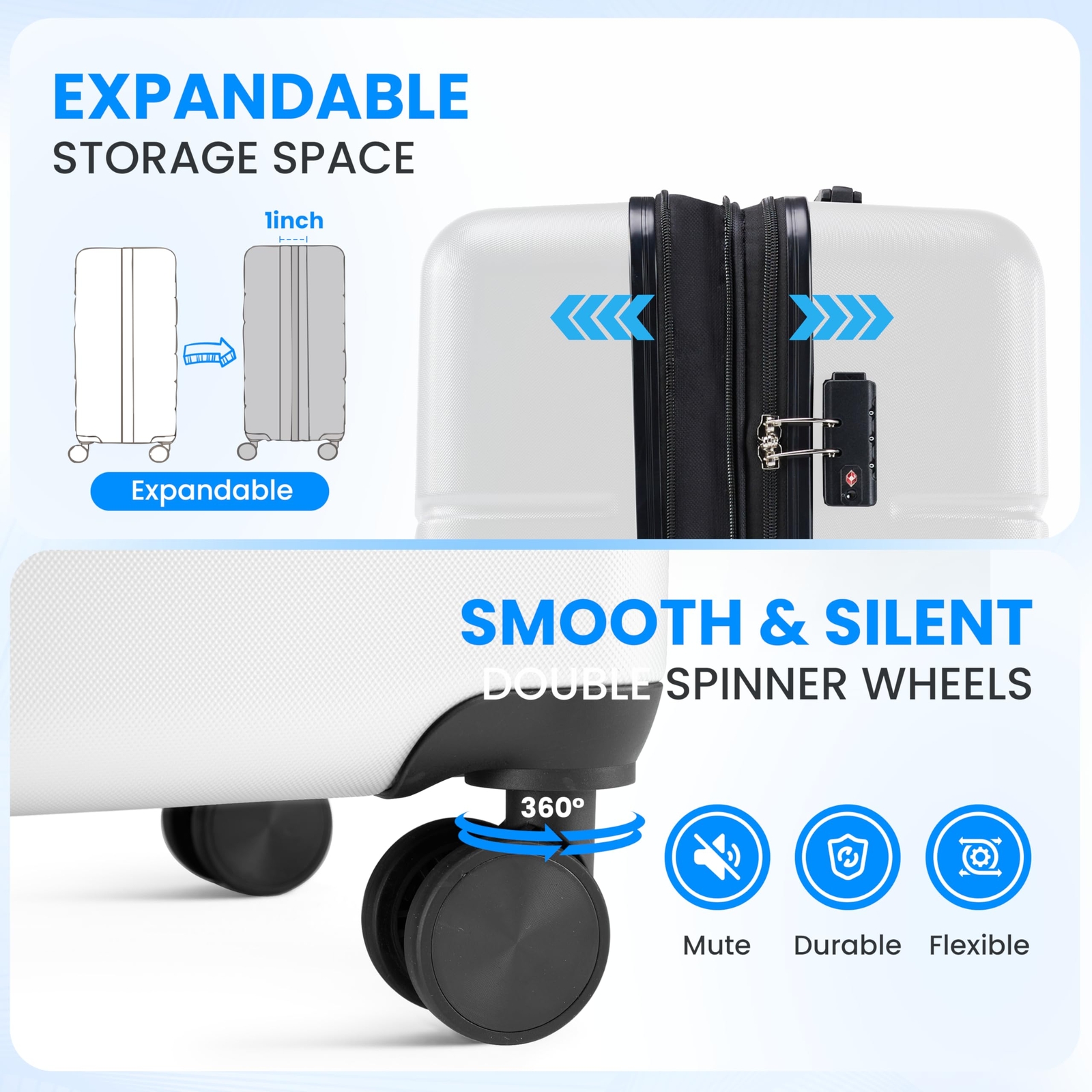 TravelPro 20” Spinner Suitcase with TSA Lock & Double Wheels in White