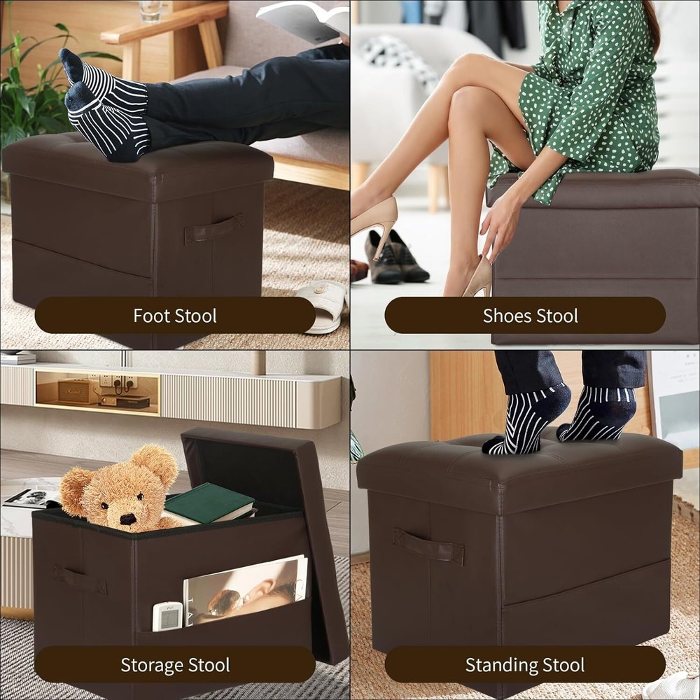 Storage Ottoman Foot Rest Stool, Foldable Leather Footstool Small, Brown