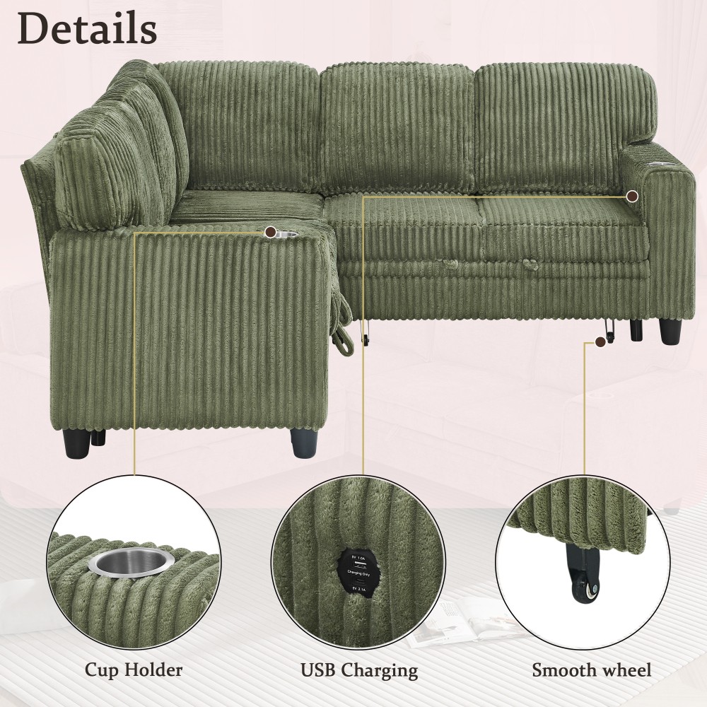 L-Shaped Sofa Bed w/ Pull-Out Sleeper & USB/Type-C, Corduroy, Olive Green