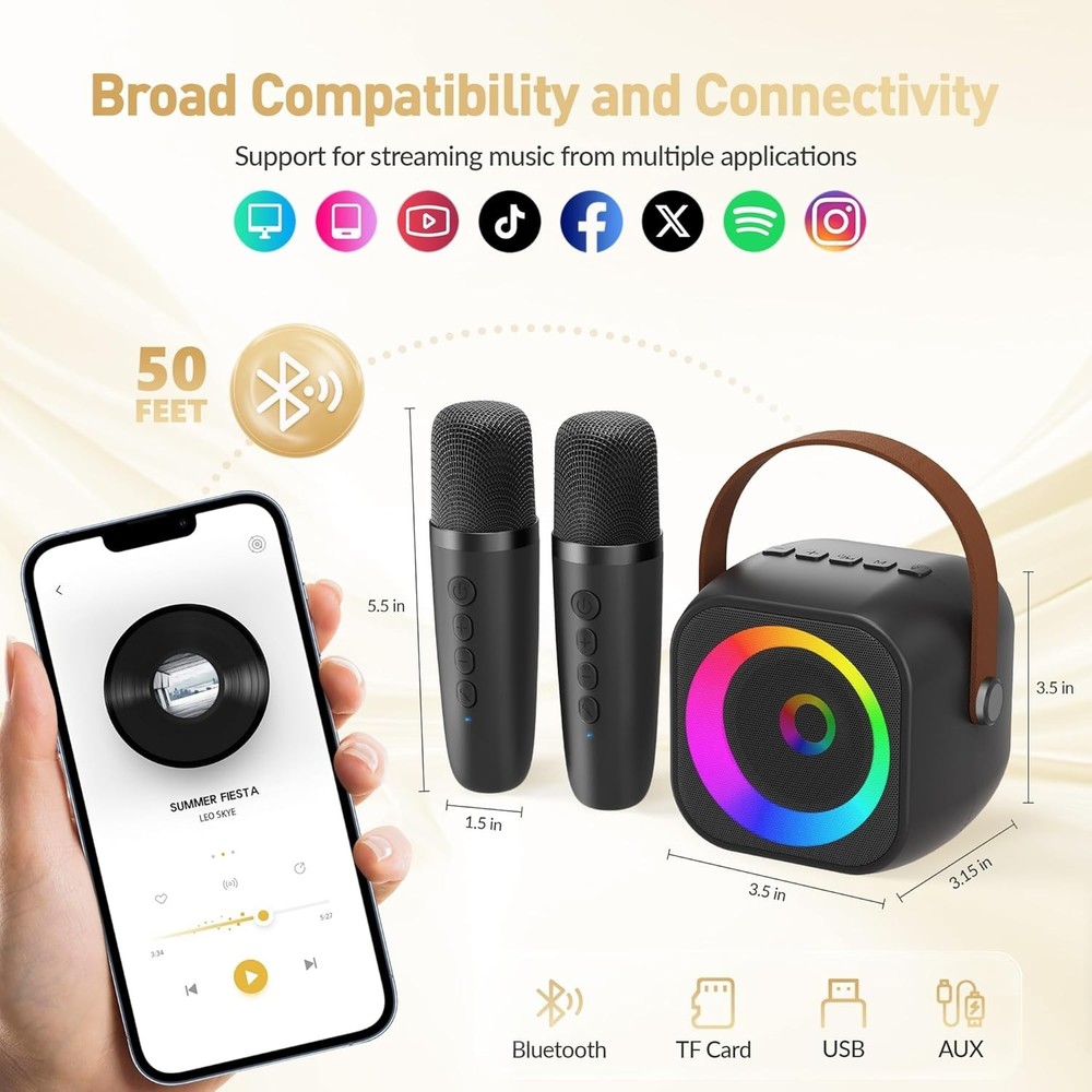 Mini Karaoke Machine with 2 Wireless Mics - Portable Bluetooth Fun for All Ages