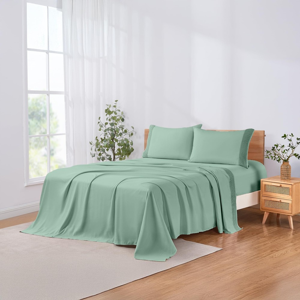 4 Piece Microfiber Sheet Set – Soft Cooling Bed Sheets with Crochet Lace – De...