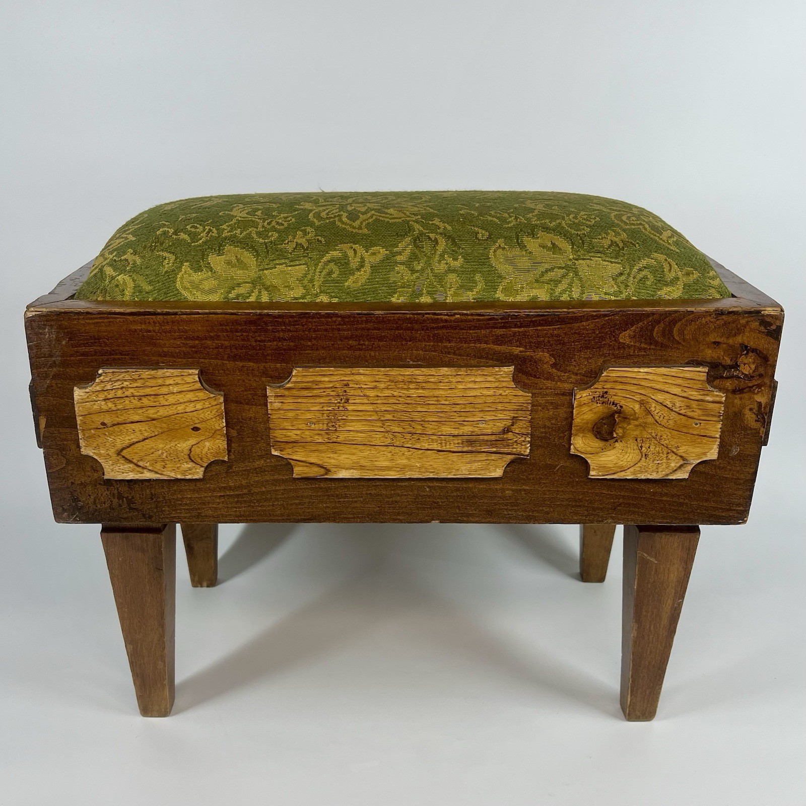 Antique Mission Style Arts & Crafts Wood Foot Stool w/ Green Damask Fabric Top