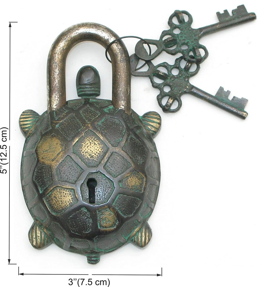 Tortoise Design Coated Functional Brass Lock with 2 Keys (Deep Black, Green).
