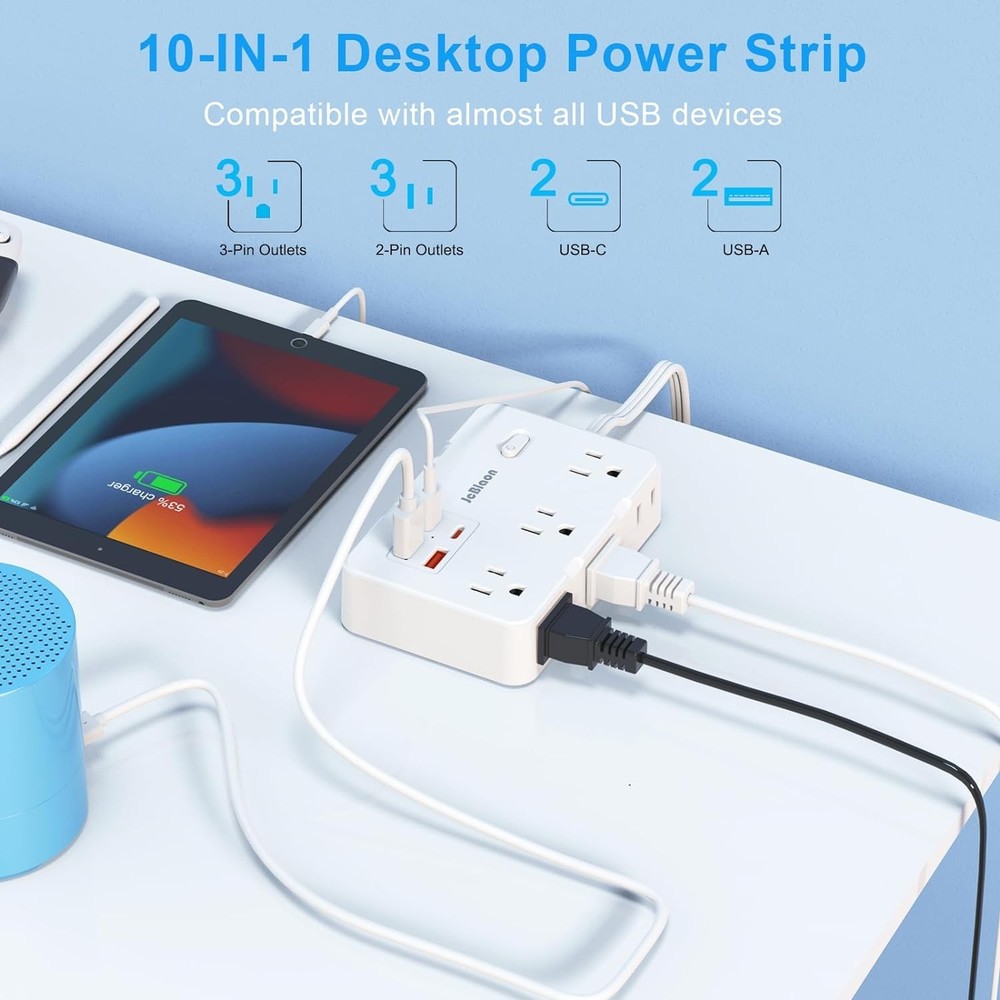 Flat Plug Power Strip Surge Protector, 5ft Ultra Thin 5FT, QT660-White