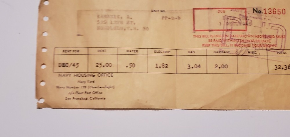 1945 Honolulu, T.H. Navy Housing Office Receipt - Hawaii Territory Navy Yard -