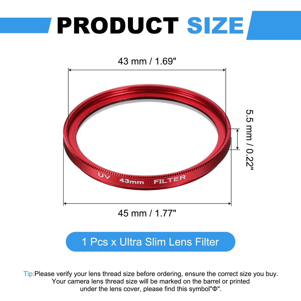 43mm Ultra Slim Lens Filter Multi Coating Camera Len Filter, Red