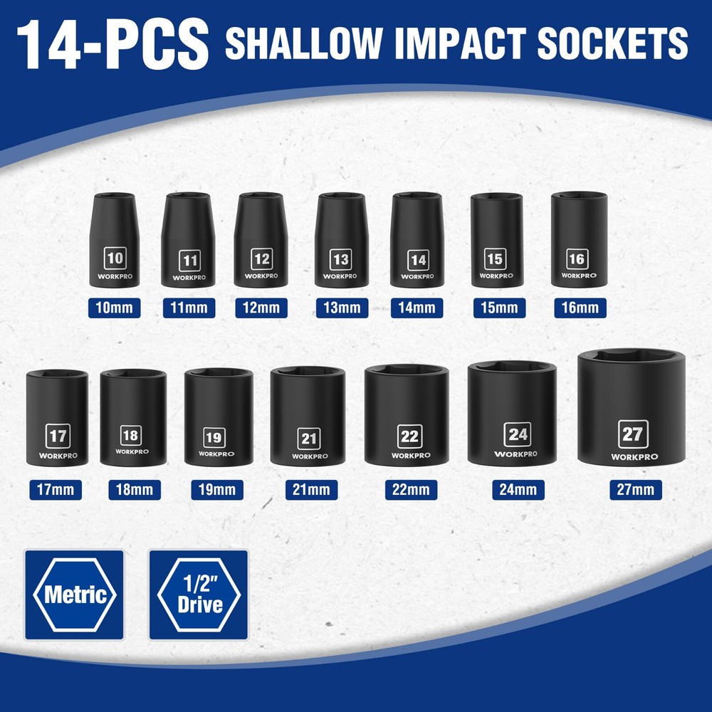 WORKPRO 1/2”Drive Shallow Impact Socket Set Metric Cr-V Steel 6-Point Socket Set