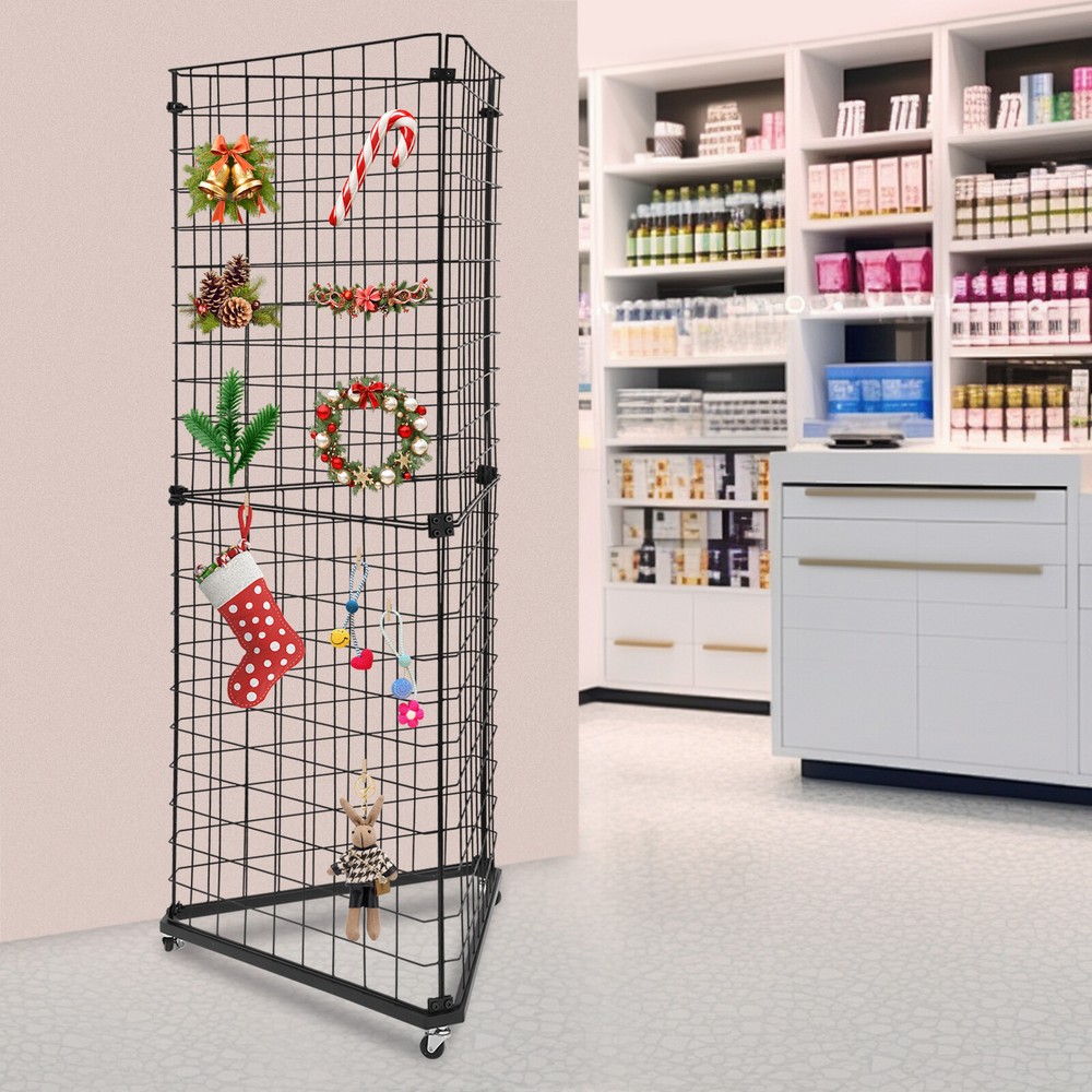 Triangle Wire Grid Display Stand with Casters - Stable Corner RackUSUS