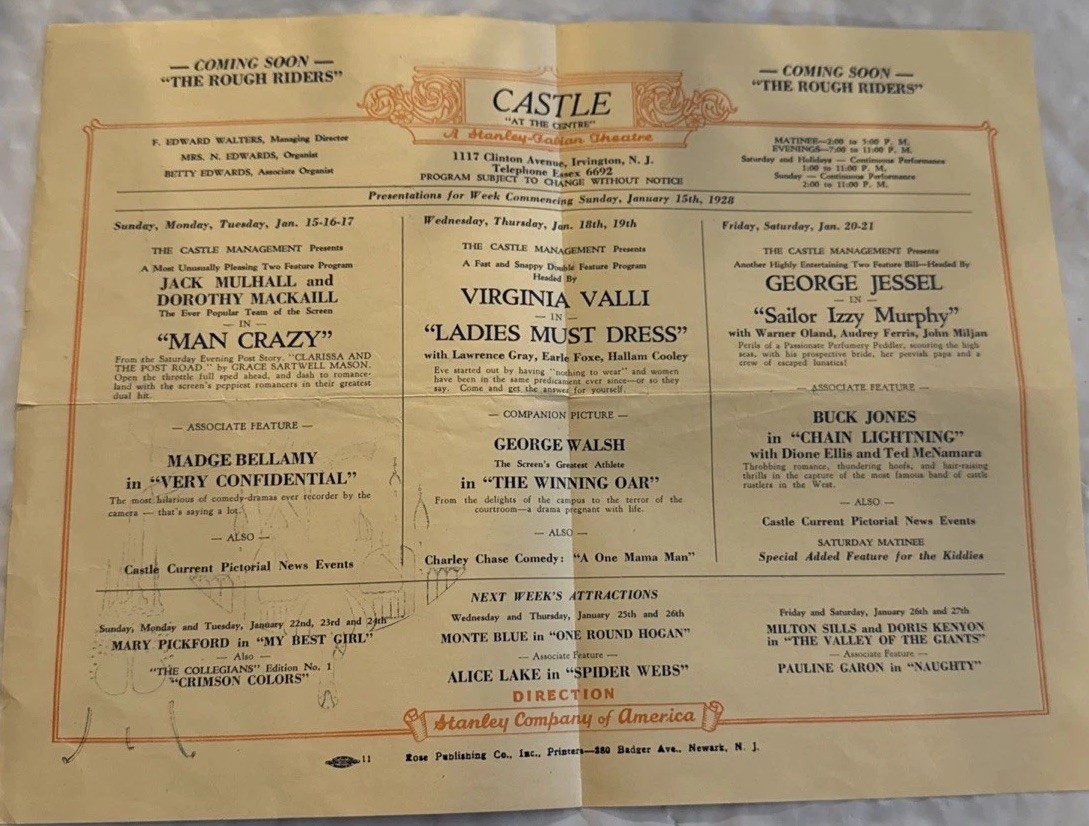 vintage promotional poster for "The Castle" theatre in Irvington, 1928